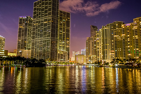 A stock photo. A cityscape night time view of the Brickell neighborhood in downtown Miami, Florida.