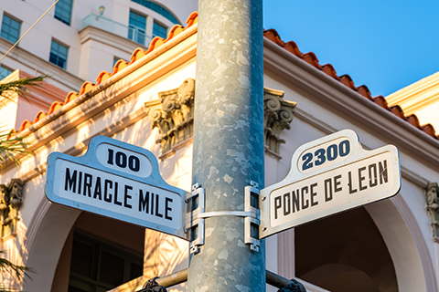 A stock photo. A famous street sign in Coral Gables, Florida.