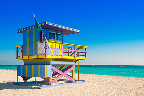A stock photo. A lifeguard tower on South Beach in Miami Beach, Florida.