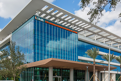 A photo of the Lennar Foundation Medical Center on the University of Miami Coral Gables campus.